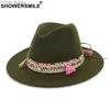 Beauts à bord large seau showersmile womens ressentie fedora laine de laine armée verte tarte de porc vintage d'automne classique triangle yq240407