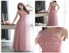 Chique aline tule lange prom jurken vloer lengte kanten applique parels goedkope thuiskomst jurk open terug roze avondjurken3768418