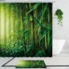 Rideaux de douche en bambou green plantes art paysage tissu imprimer décor de salle de bain ensemble tapis de bain non glip