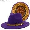 Brede rand hoeden emmer fedora hoed dames trilby leer met jazz binnen luipaard print derby viltblazer chapeau yq240407