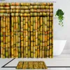 Rideaux de douche en bambou green plantes art paysage tissu imprimer décor de salle de bain ensemble tapis de bain non glip