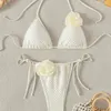 Dames badmode sexy 3D bloem witte rose micro mini bikini's sets driehoek twee stukken gewatteerde string vrouwelijk badpak biquini