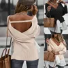 Dames T-shirts Sexy Vintage Dames Spring en Autumn Tops Streetwear Patchwork Design V-Neck Open Back Solid Slanke pullover met lange mouwen