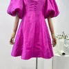 Party Dresses Solid Rose Red 2024 Senaste Collection Puff Short Sleeve V-Neck A-Line Folds Women Mini Dress