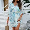 Party Dresses Vacation Mini Dress Floral Print V Neck With Loce-Up Belt Ruffle Patchwork Three Quarter Sleeve A-Line For Women