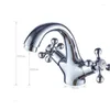 Bathroom Sink Faucets European Style Retro Brass Double Switch Handle Basin Faucet Gold And Cold Water Mixing Valve Arc Art Tap