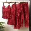 Ana Sayfa Giyim Yeşil 4pcs Pijama Takım Sıradan Sweetwear Velor Pijamalar Kadın Sonbahar Nightwear uyku seti samimi iç çamaşırı