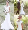 2018 Modest Country Wedding Dresses Scalloped V Neck Capped Sleeves Small A Line Modest Full Lace Bridal Gowns with Covered Button2232252