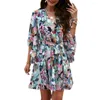 Party Dresses Vacation Mini Dress Floral Print V Neck With Loce-Up Belt Ruffle Patchwork Three Quarter Sleeve A-Line For Women