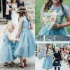 Dresses Dirty Blue Flower Girl Dresses For Wedding Short Sleeve Lace And Tulle Girls Pageant Gowns Back Buttons Baby Birthday Party Dress