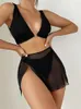 Kvinnors badkläder Bikini Kvinnor Swimsuit 2024 Black Sling V Neck Ribbed Bikinis Set Thong Summer Three Piece Beach Bathing Suit Female