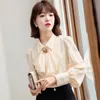 Retro Blue Chiffon Blue Autumn Spring Bowknot Workwear ol Topps Elegant Women Long Sleeve Lace Shirt 240326