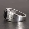 Klusterringar solida 925 sterling silver vintage punk enkla pojkar ring med naturlig svart onyx fyrkantig sten snidmönster smycken