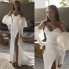 Puffy Long Sleeves Simple Satin Mermaid Wedding Dresses Sexy Thigh Split Sweetheart Plus Size Bridal Gowns Sweep Train Modern White African Women Vestidos CL3462