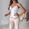 Women's Two Piece Pants Women Chain Spaghetti Strap Double Breasted Vest Mid-Waist Straight-Leg Trousers Suit Spring Summer Slim Striped