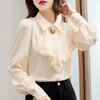 Retro Blue Chiffon Blue Autumn Spring Bowknot Workwear ol Topps Elegant Women Long Sleeve Lace Shirt 240326