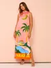 Vestido estampado tropical de cor de contraste elegante 2024 verão mulheres sem mangas o pescoço casual cetim solto longa praia