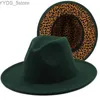 Beauts à bord large seau simple LIEPARD LEOPARD ROUGE RED Fedora Femens Wool Felt Cat Party trilby Jazz Church Patch Work Panama YQ240407