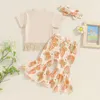 Clothing Sets Toddler Baby Girls Summer 3pcs Clothes Suit Casual Short Sleeve Tasseled T-shirt Butterfly Print Flare Pants Headband Outfits