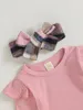 Kleidungssets 3-teiliges Baby-Mädchen-Outfit Langarm Rippes Strick Strampler kariertes Hosentaschen mit Vordertaschen und passendes Stirnband
