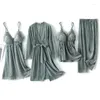 Vêtements à domicile Green Velvet 4pcs Pajamas Suit intime Lingerie Femmes Sleep Casual Sleepwear 2024 Automne Slembearwear