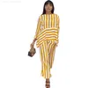 Kvinnors tvådelade byxor Kvinnor Fashion Two-Piece Striped Set African Long Sleeved Top Wide Leg Pants Striped Set British Style Womens Matching SetC240407