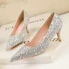 Style Fashion Sexy Nightclub Slim Thin Heel High Banquet Shallow Mouth Pointed Shining Sequin Single Shoes