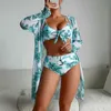 Kvinnors badkläder Ny sexig 3-delad baddräkt Kvinnor Floral Print Bikini Set+Long Shirt Cover Beach Suit Midjan Push Up Swimsuit J240403