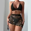 Moda de banho feminina 2 peças de sinistro de crochê feminino Suspenseiro de biquíni de biquíni e esqui de praia de alta cintura Hollo