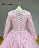 Hyr Lnyer Scalloped Neck Long Sleeve Applicies Lace Pearls 3D Flowers Muslim Pink Ball Clown Wedding Dresses Real Office Photos Video Video