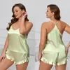 Vêtements à la maison Sexy Backless Shorts Shews Sleepwear Plus taille 3xl Pink Femmes Pajamas Set Intime Lingerie Spring Summer Satin Habots