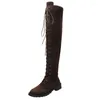 Bottes sexy lacets sur le genou femmes chaussures appartements femme talon carré zipper troupeau botas hiver cuisse haut big 43