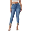 Kvinnors jeans höga midjegener fransar med fickor denim byxor