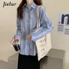 Spring Womens Shirt Vintage Striped Turndown Collar Long Sleeve Blouses Tops Shirts Abricot Blue Chic Sl Blusas Femme 240407