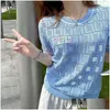 Womens T-Shirt Hochwertiger Designer Blue Hollow Out Strick-T-Shmode FL Buchstabe F Sommer Kurzarm Tees Sandalen Drop Dhp8m