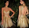 2017 Sexy Gold Short Cocktail Dresses Sheer Neck Sleeveless Appliques Beaded Tulle Illusion Mini Open Back Evening Party Dress Pro2224198