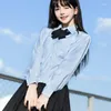 Kleding sets sexy dameshirt jk schoolmeisje uniformen top witblue Koreaanse slanke taille rugriem longshort mouw suit anime cos