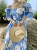 Partykleider Sommer Kurzarm vor Schulter Vintage Strandkleid Bule Boho Holiday Femme Robe Blumen Midi Frauen Französisch