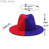 Wide Bim Hats Bucket rot und blau Patch Arbeit Wolle Filz Jazz Fedora Hut für Frauen Unisex Wide Panama Party Trilby Cowboy Herren Gentleman Hochzeit YQ240407