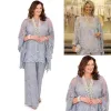 Pakken Elegant Silver Lace Plus Size Mothers Pant Suits Sheer Bateau Neck met wrap bruiloft Guestjurk drie stukken Moeder van bruid dres