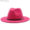 قبعات حافة واسعة دلو فيدورا قبعة نسائية حزام ثلاثي وولبي دافئ ملون من الجاز Derby YQ240407