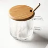 ワイングラス11オンスガラスマグストライプコーヒー飲料水カップ付きスプーン熱耐性カップ透明