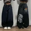 Jeans de estampa gótica vintage americana Mulheres Y2K Street Hip Hop Low Lowpping Wide Leg -Pants Harajuku Casual Calças Longas 240401