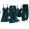 Vêtements à domicile Green Velvet 4pcs Pajamas Suit intime Lingerie Femmes Sleep Casual Sleepwear 2024 Automne Slembearwear