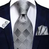 Bow Ties Luxury Silver Blue Plaid Gift Cravate For Men Silk Wedding Handky Cuffe Links Set Fashion DesignBusiness Party High-Tie Drop