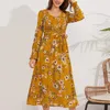 Günlük Elbiseler Vintage Uzun Kollu Kadınlar için 2024 Artı Boyut Kablo Kırık Çiçek Elbise Orta Uzun Yuvarlak Boyun Kadın Gençler