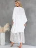 Womens Bathing Suit Cover Up Waist Tied Long V-Neck Lace Skirt Beach Dress Semitransparent Half Sleeve White Bikini