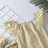 Kleidungssets geborene Baby Mädchen schwimmend Ärmel Blumen süße Overall Kleidung kurzes Stirnband 2 Stücke