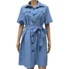 Party Dresses Solid Color Shirt Dress Stylish Women's Button Down With Belted V Neck Pockets Casual Summer Mini för Streetwear