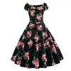 Casual Dresses Floral Print Dress 2024 Sommarkvinnor stämmer upp en linje utanför axelpartiet Womens 50s 60s Rockabilly Vintage